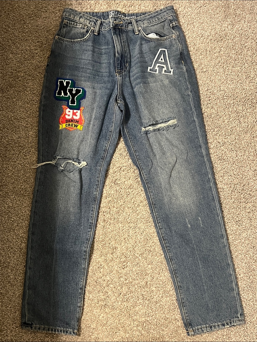 No Boundaries Blue Slim Straight Jeans with Graphic Patches ( Juniors dept )